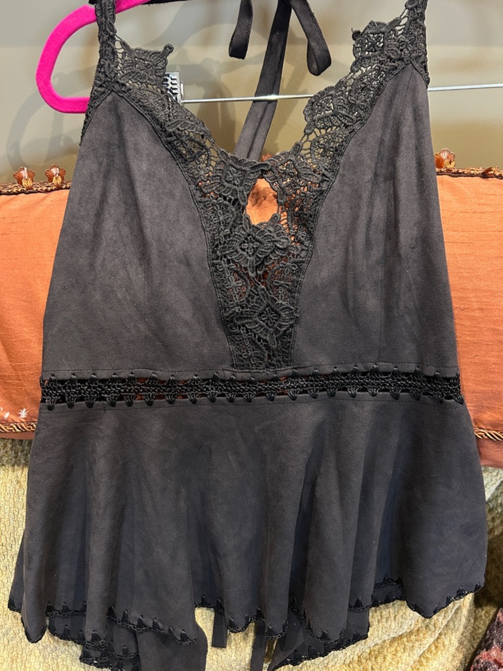 Black Ultra-Suede Halter Top with Lace-Trim-M
